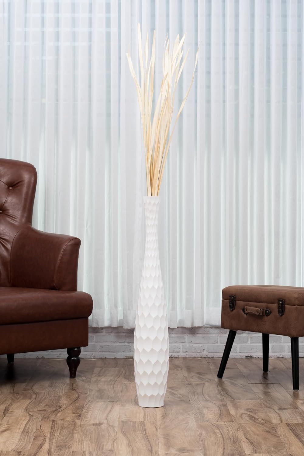 Large White Honeycomb Floor Vase 85cm Tall Wooden Decor for Pampas Grass