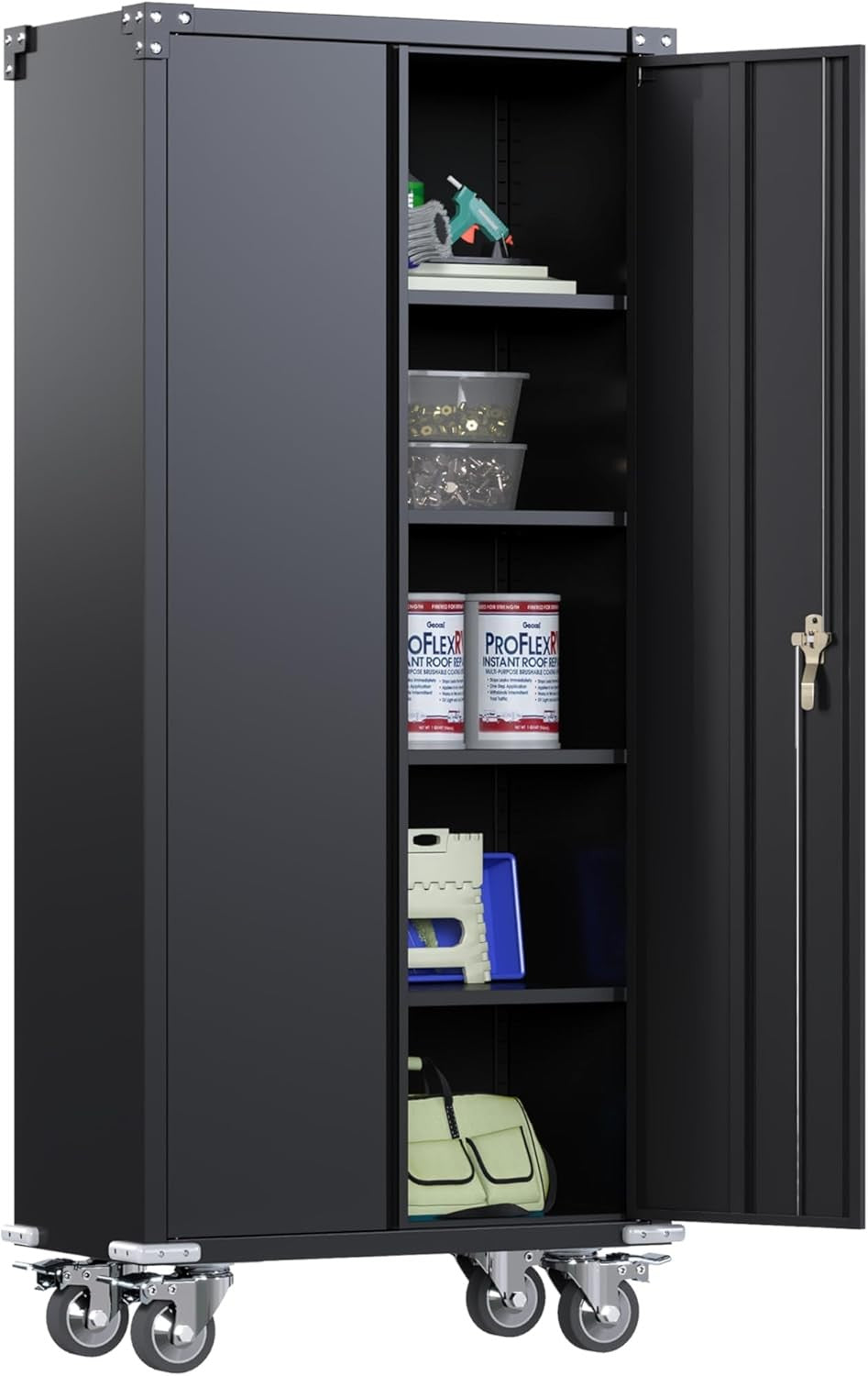 Tall Metal Storage Cabinet 183cm Lockable Doors Shelves Wheels Home Garage