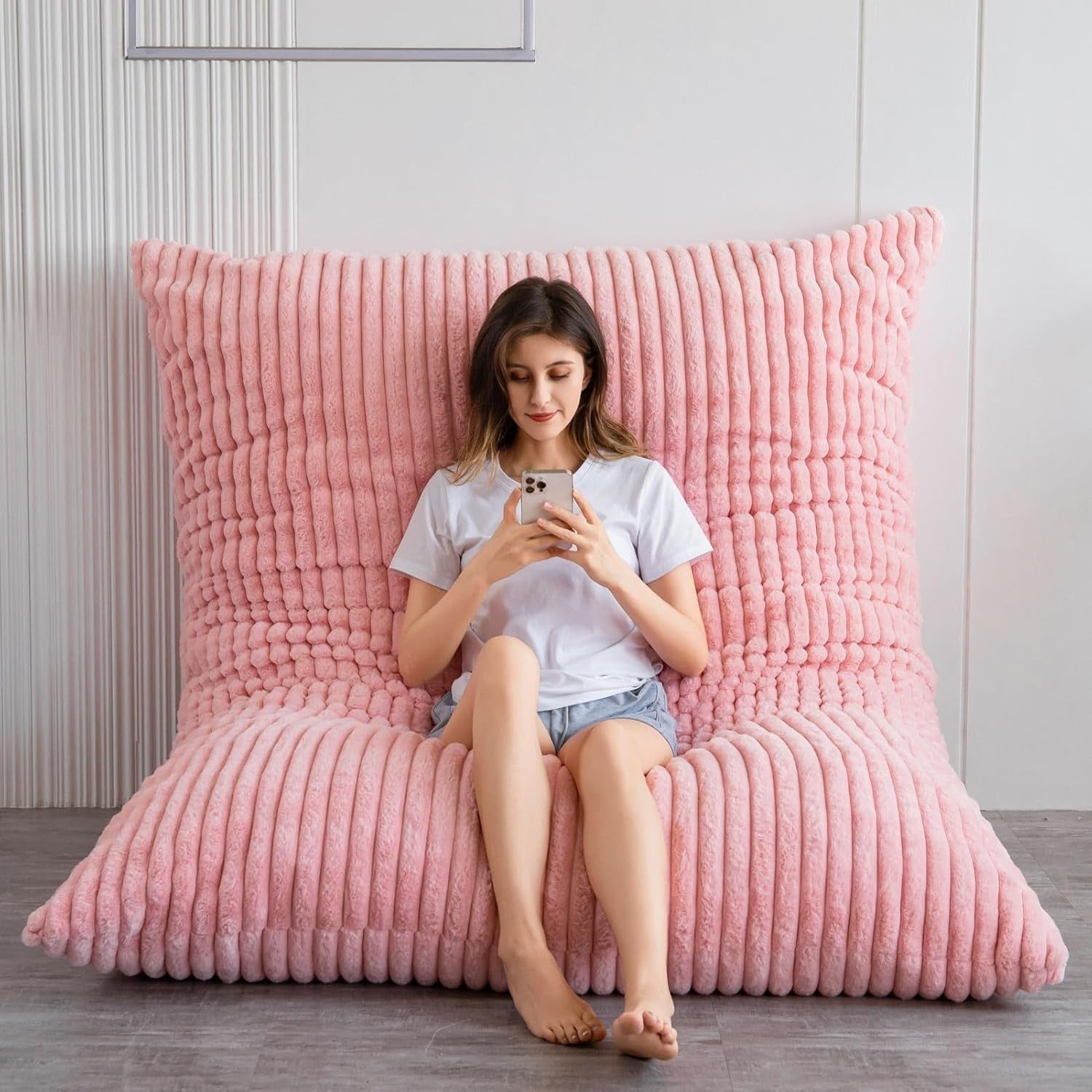 Pink Faux Fur Bean Bag Sofa Bed 135x190cm | Adult Lounge Floor Chair