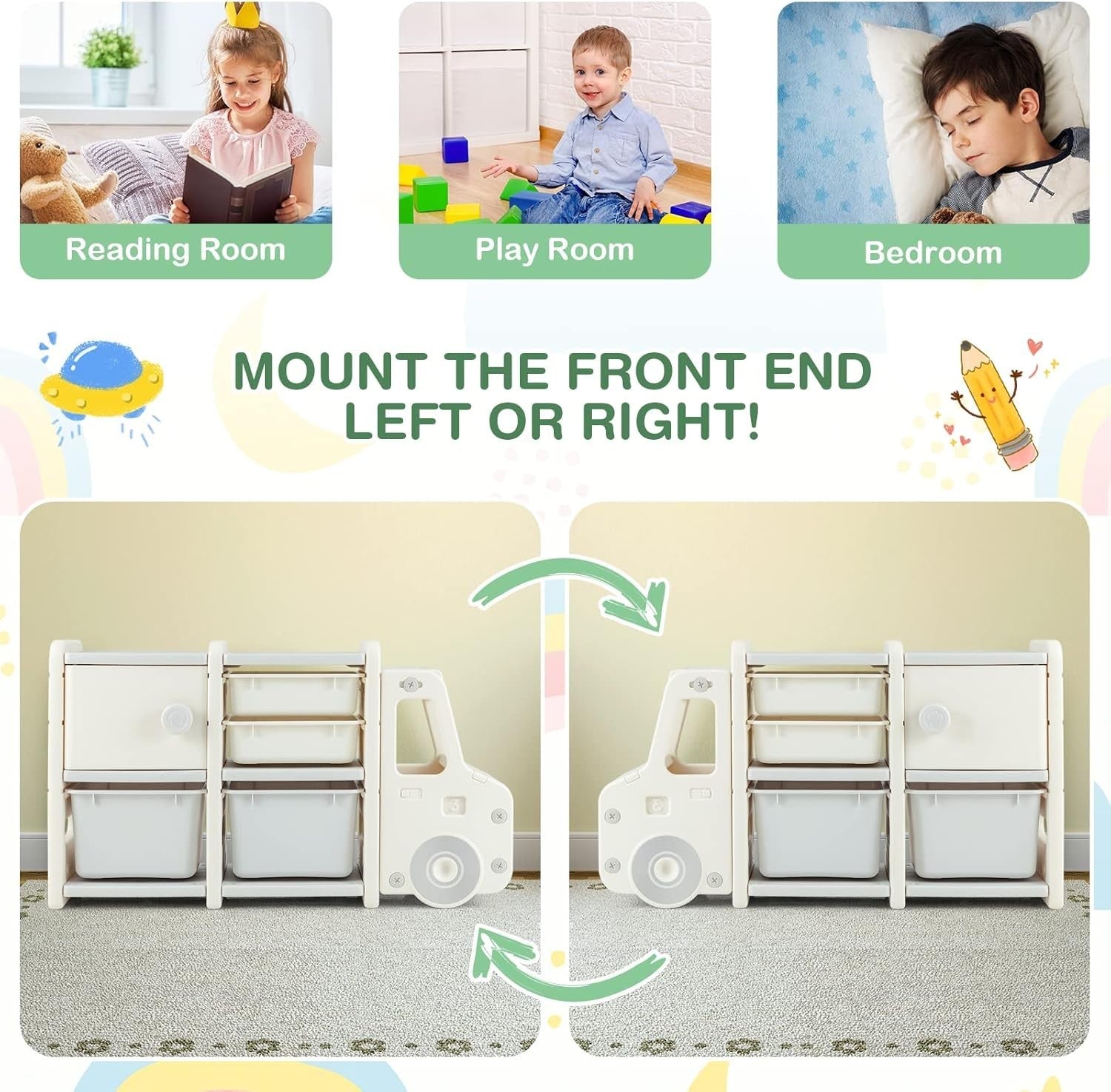 Kids Toy Storage Unit with Bins Drawers Cabinet Car Shape Shelf 112x35x66cm