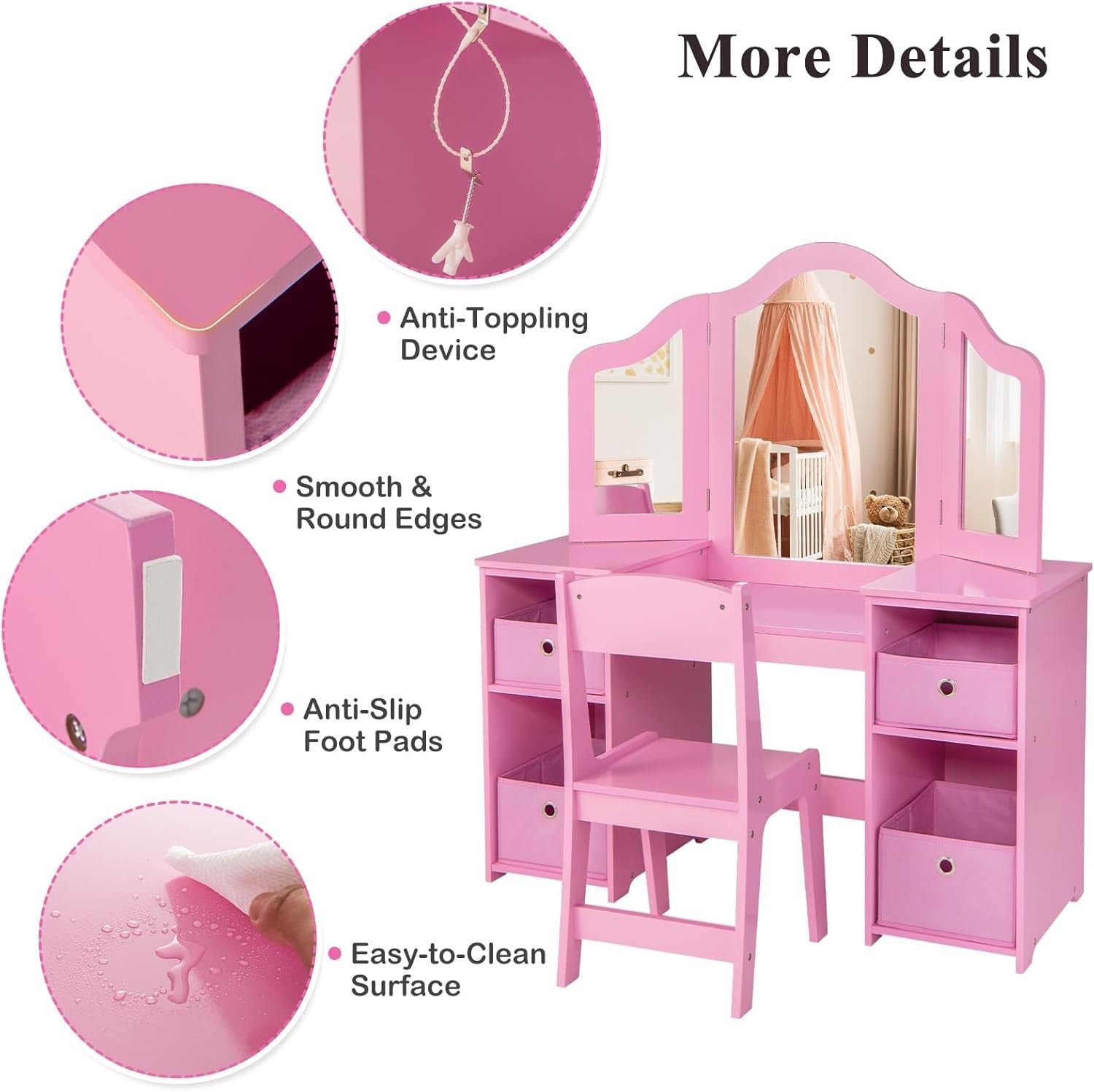 Kids Vanity Table with Tri-Folding Mirror & Storage Bins, Pink Wooden Set