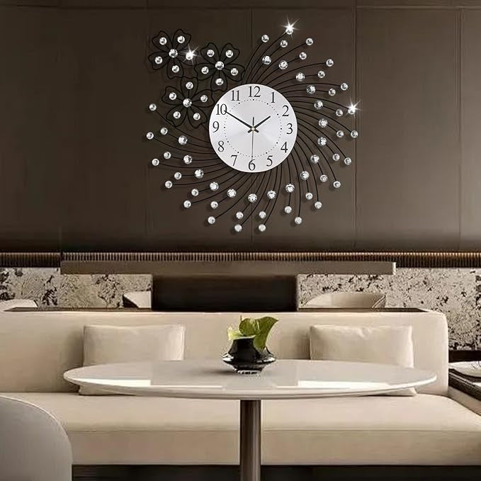 Large 50cm Silver Crystal Wall Clock Silent Modern Luxury Metal Round Decor