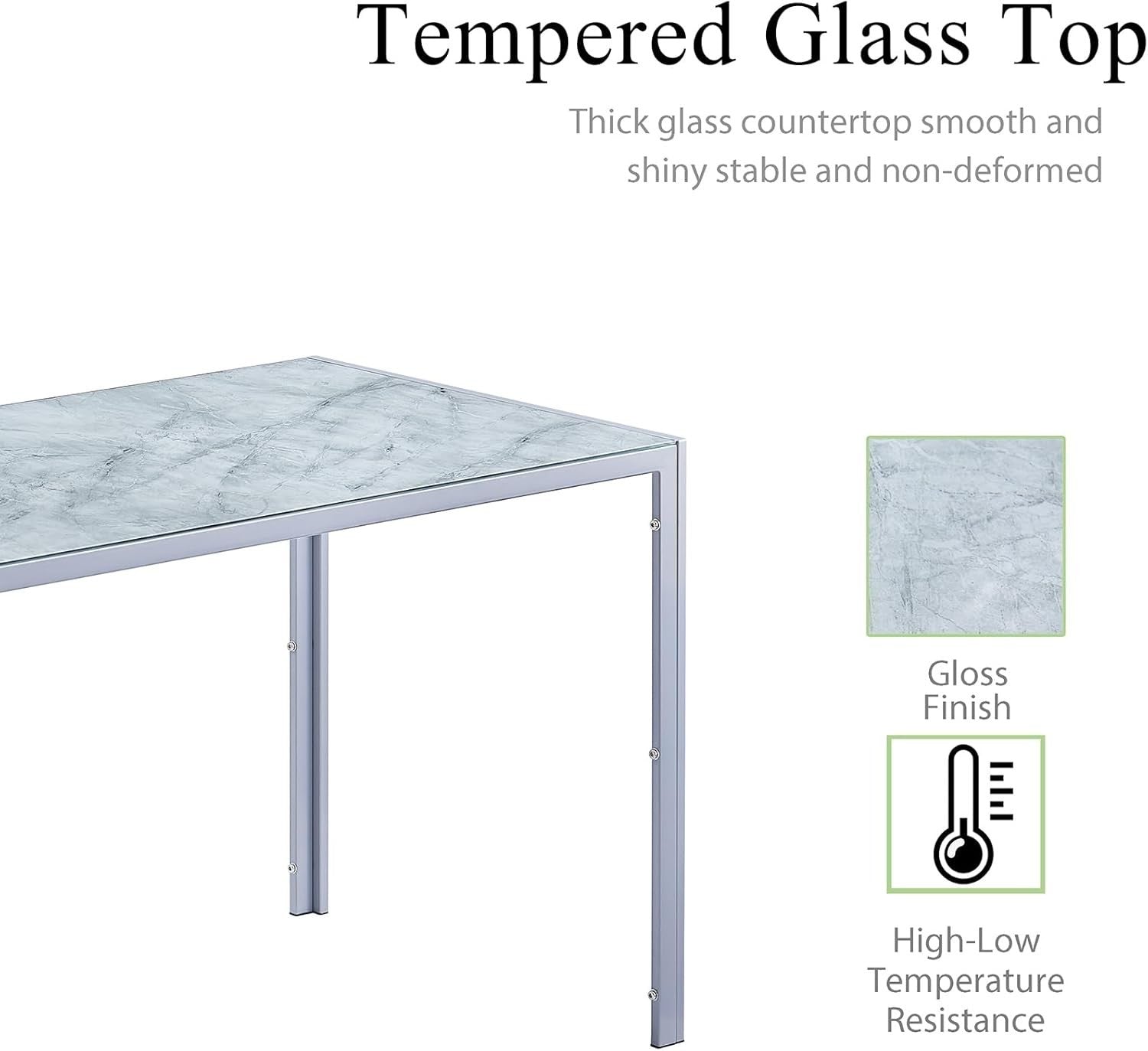 5 Piece Marble Glass Dining Table Set with 4 White Chairs for Kitchen