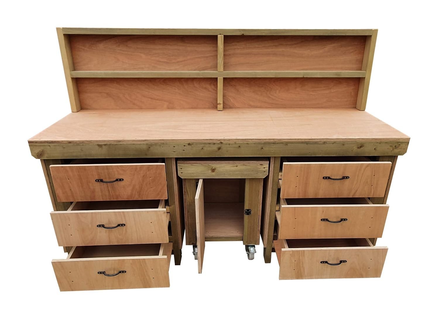 8ft Heavy Duty Wooden Workbench w/ Drawers, Lockable Cupboard & Back Panel