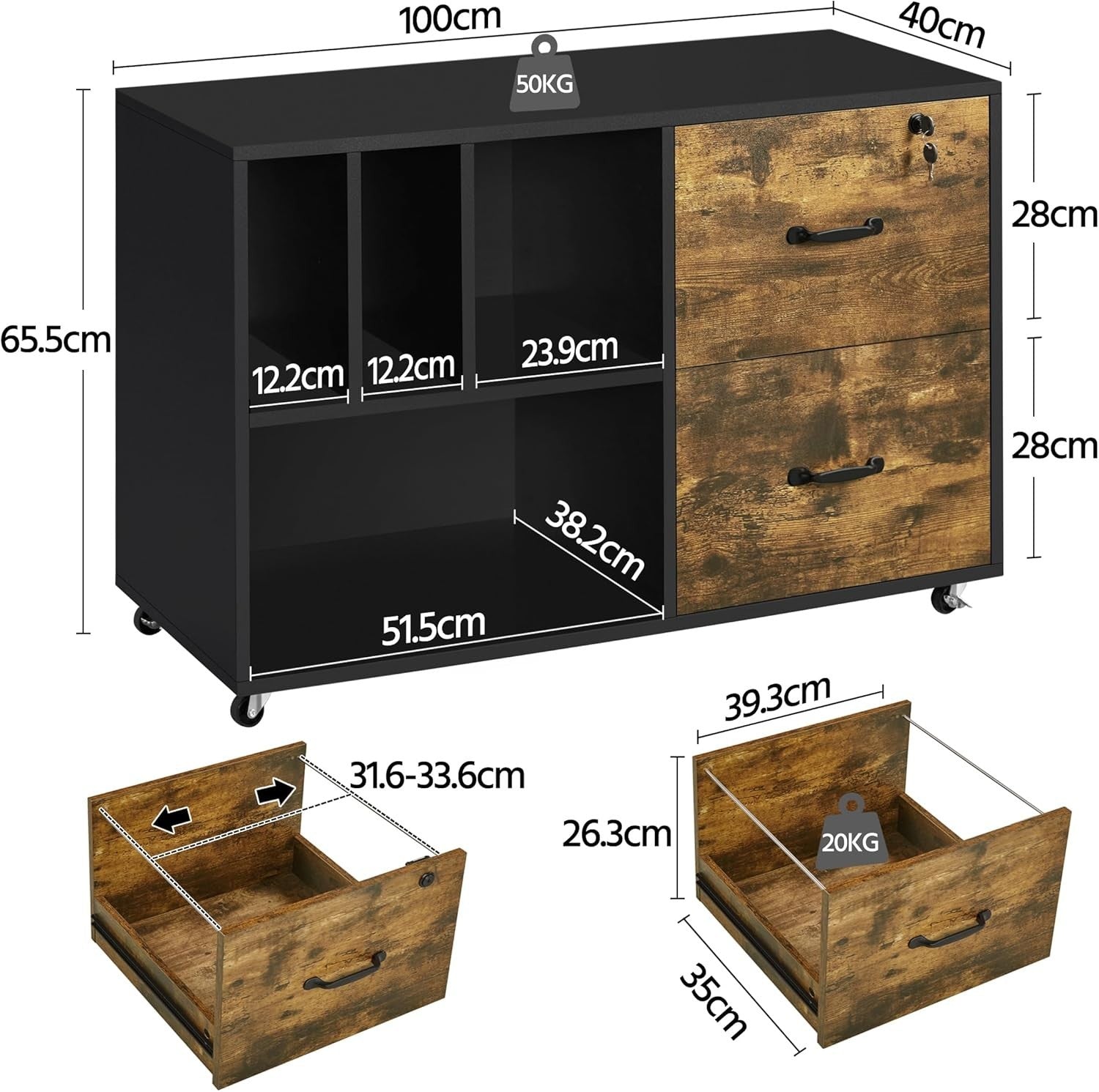 Large Rolling Filing Cabinet Printer Stand A4 Letter Storage Shelves