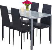 5 Piece Marble Dining Table Set Glass Top + 4 Faux Leather Chairs Black