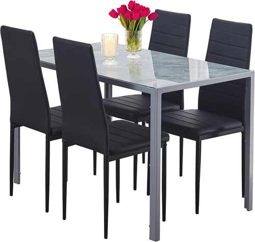 5 Piece Marble Dining Table Set Glass Top + 4 Faux Leather Chairs Black