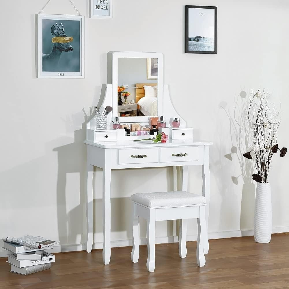 White Baroque Vanity Stool Soft Padded Dressing Table Chair 41x30x45cm