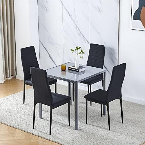 Square Glass Dining Table Set 4 Chairs Modern Space Saving Grey Linen Black
