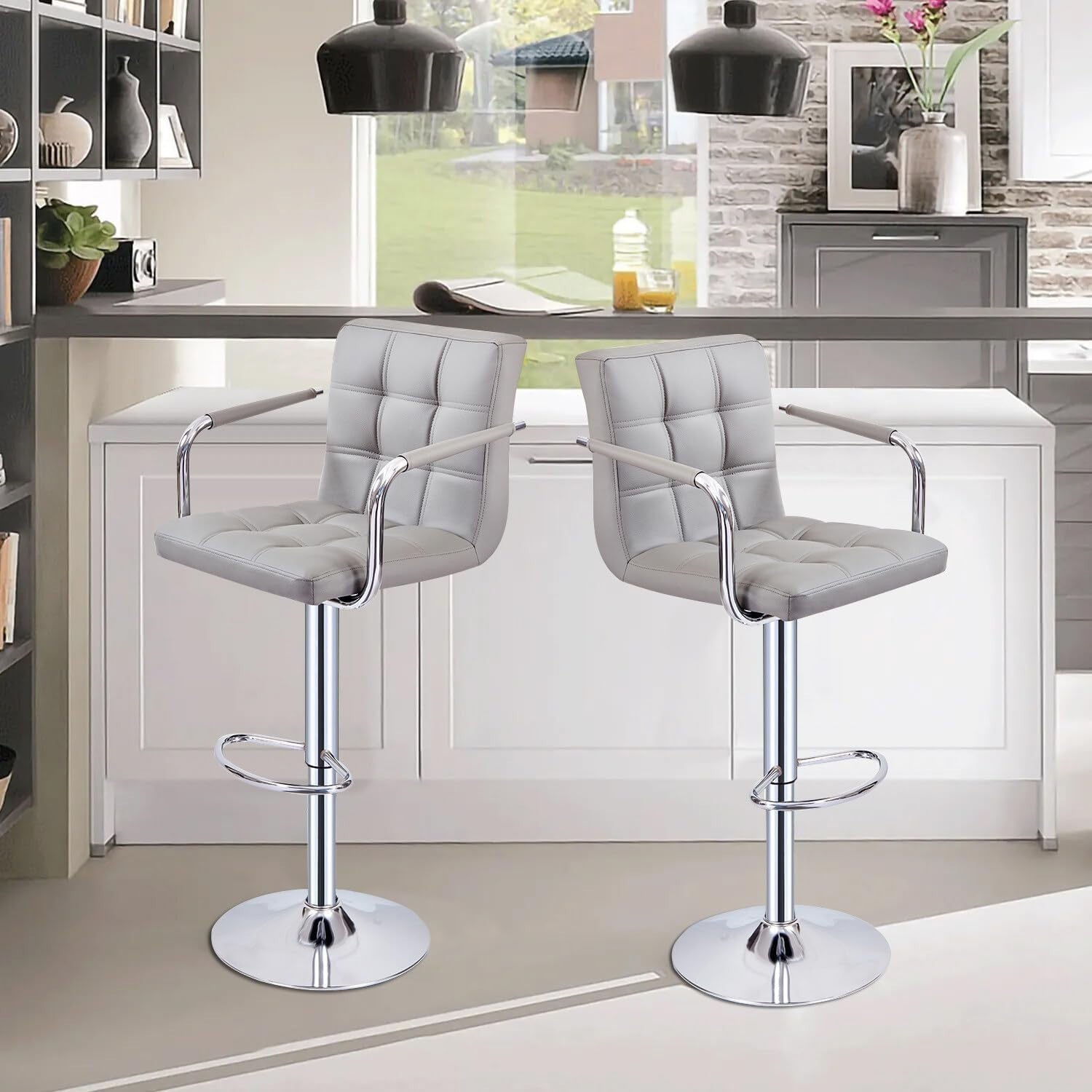Set of 2 Grey Adjustable Swivel Bar Stools with Armrests & PU Leather