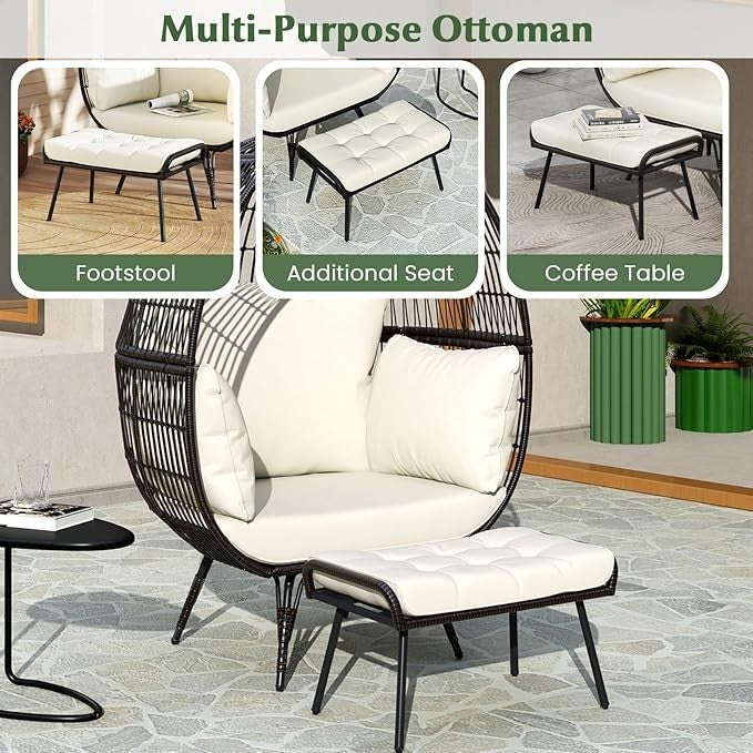Outdoor Egg Chair with Ottoman & Cushions Rattan Lounge Set Garden Balcony