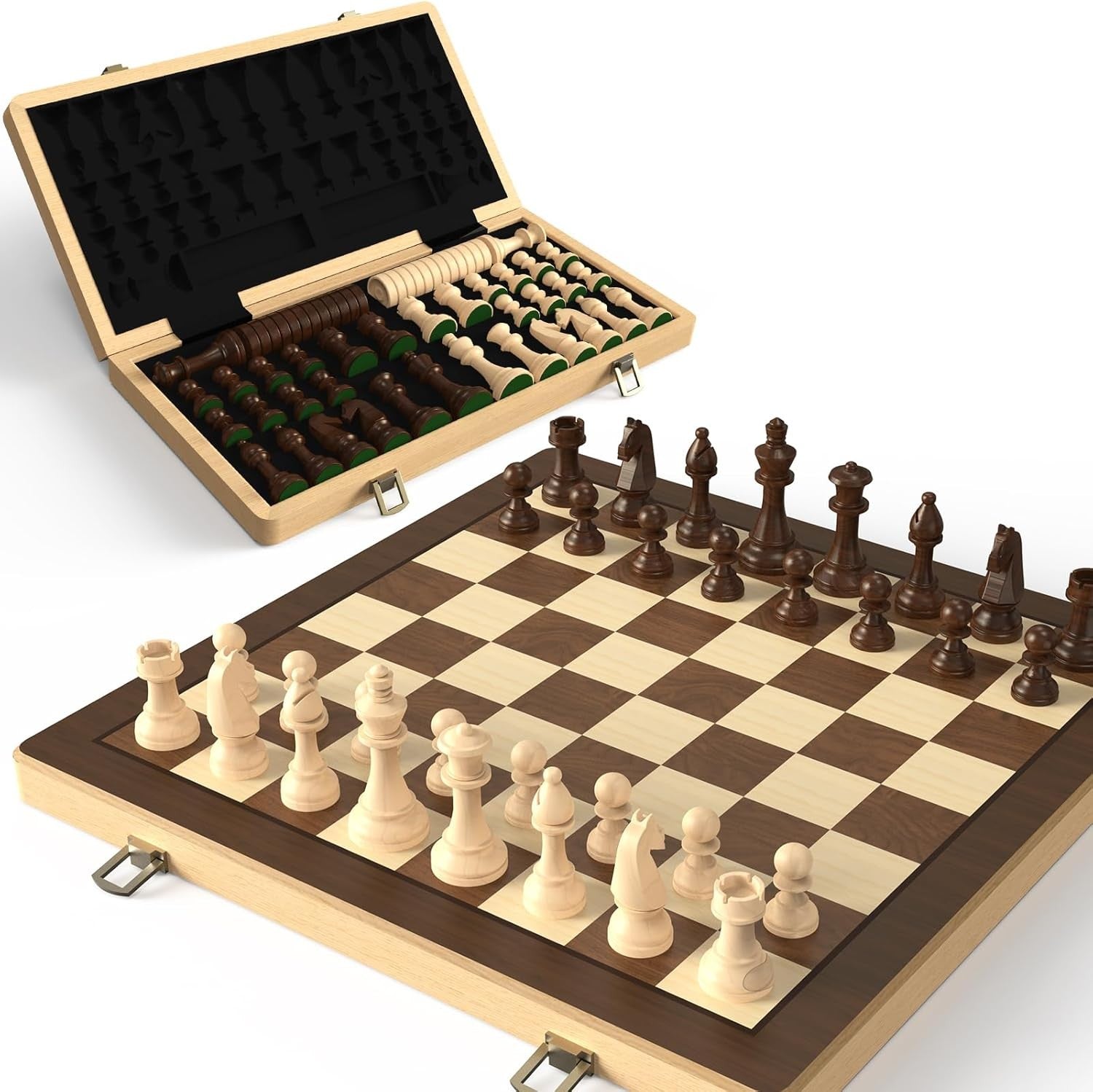 15" Wooden Folding Chess & Checkers Set 2-in-1 Board Game 3" Kings