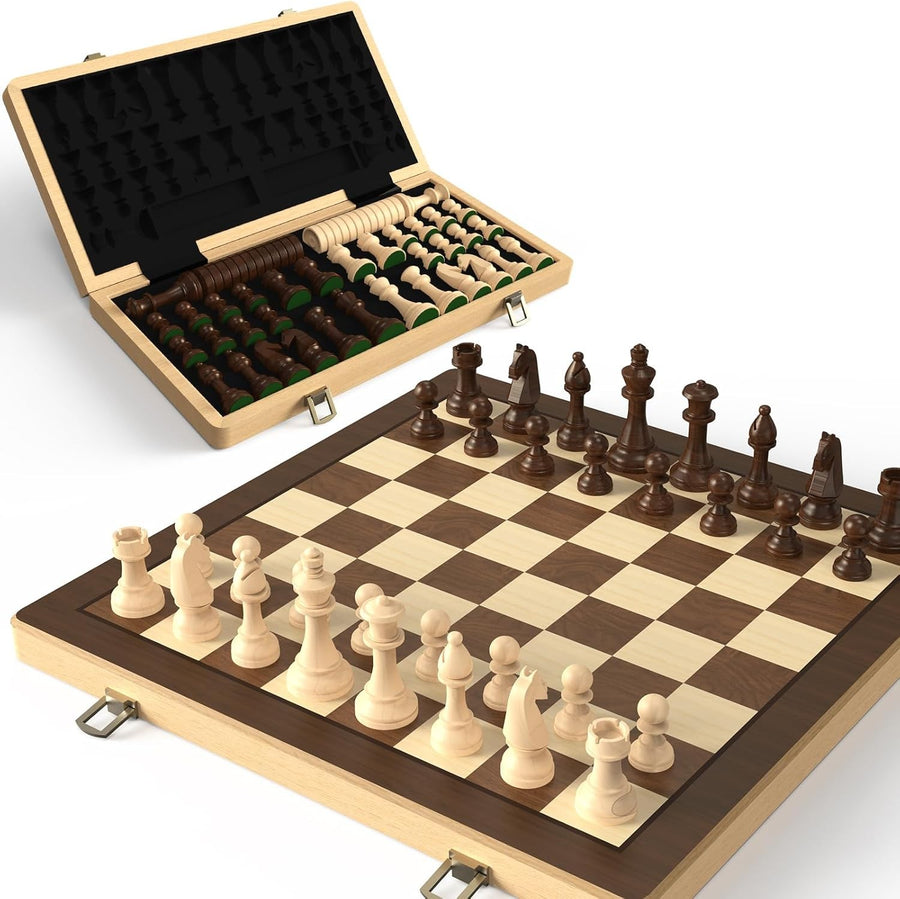 15" Wooden Folding Chess & Checkers Set 2-in-1 Board Game 3" Kings