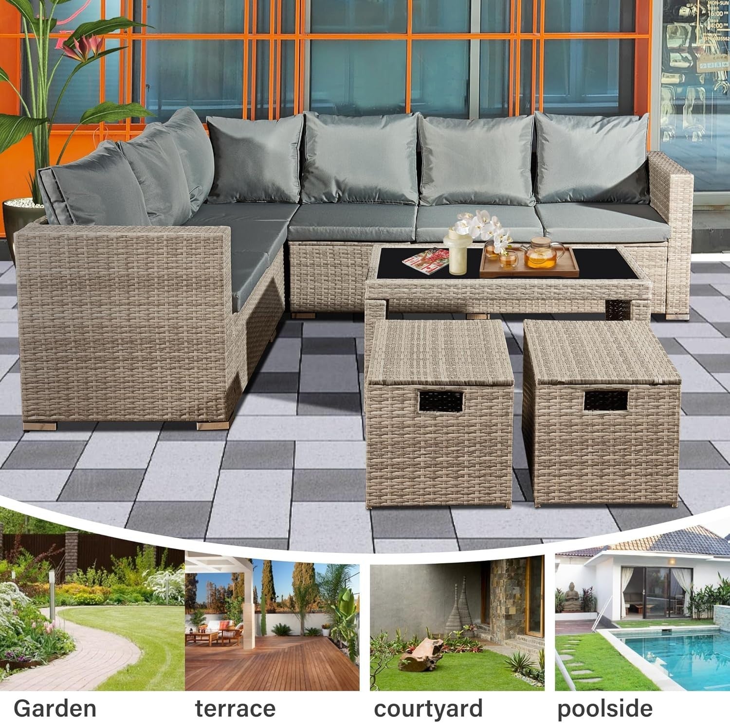 8 Seater Rattan Corner Sofa Set Patio Garden Furniture with Glass Table
