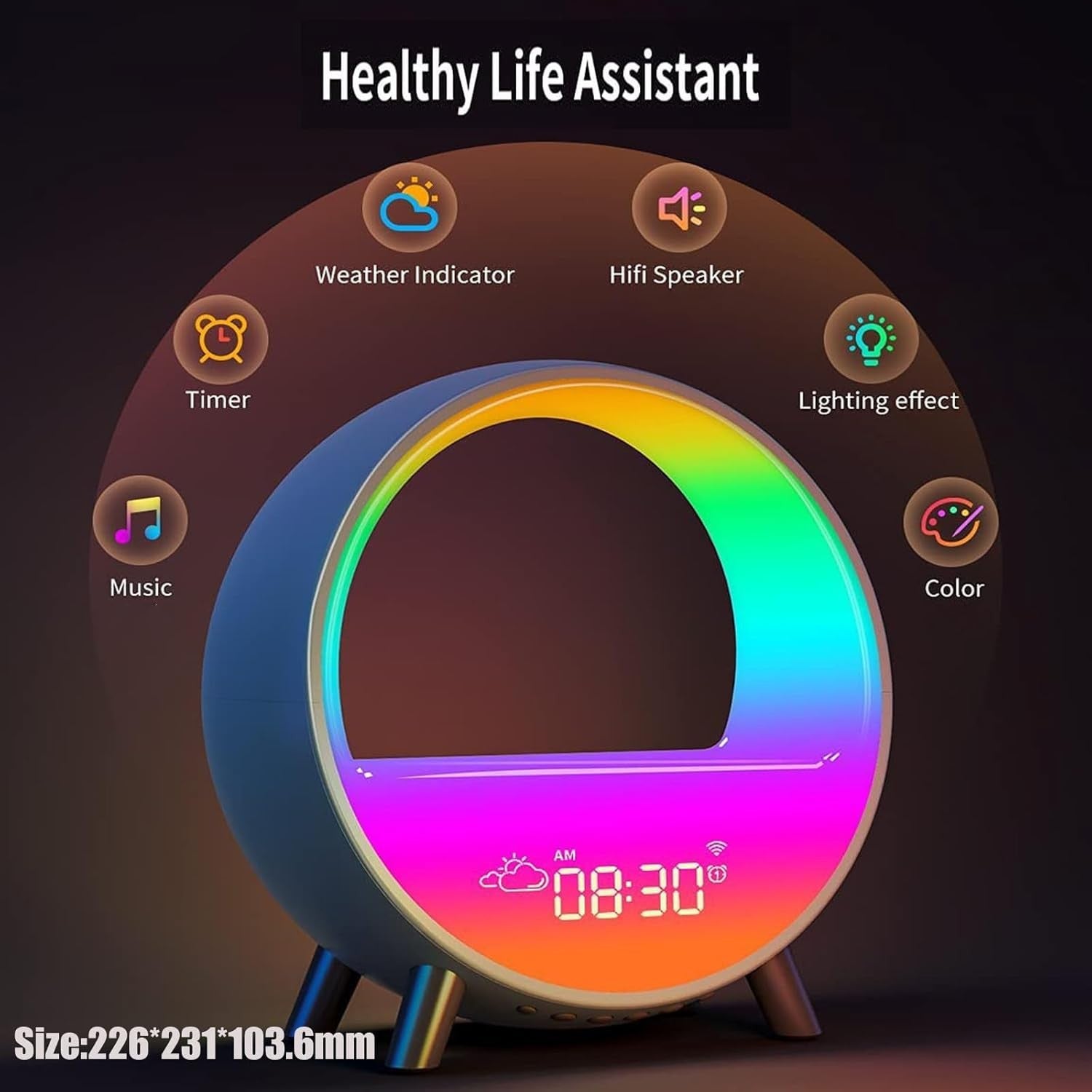 Bluetooth Speaker Alarm Clock Wireless Charging LED Night Light App Control