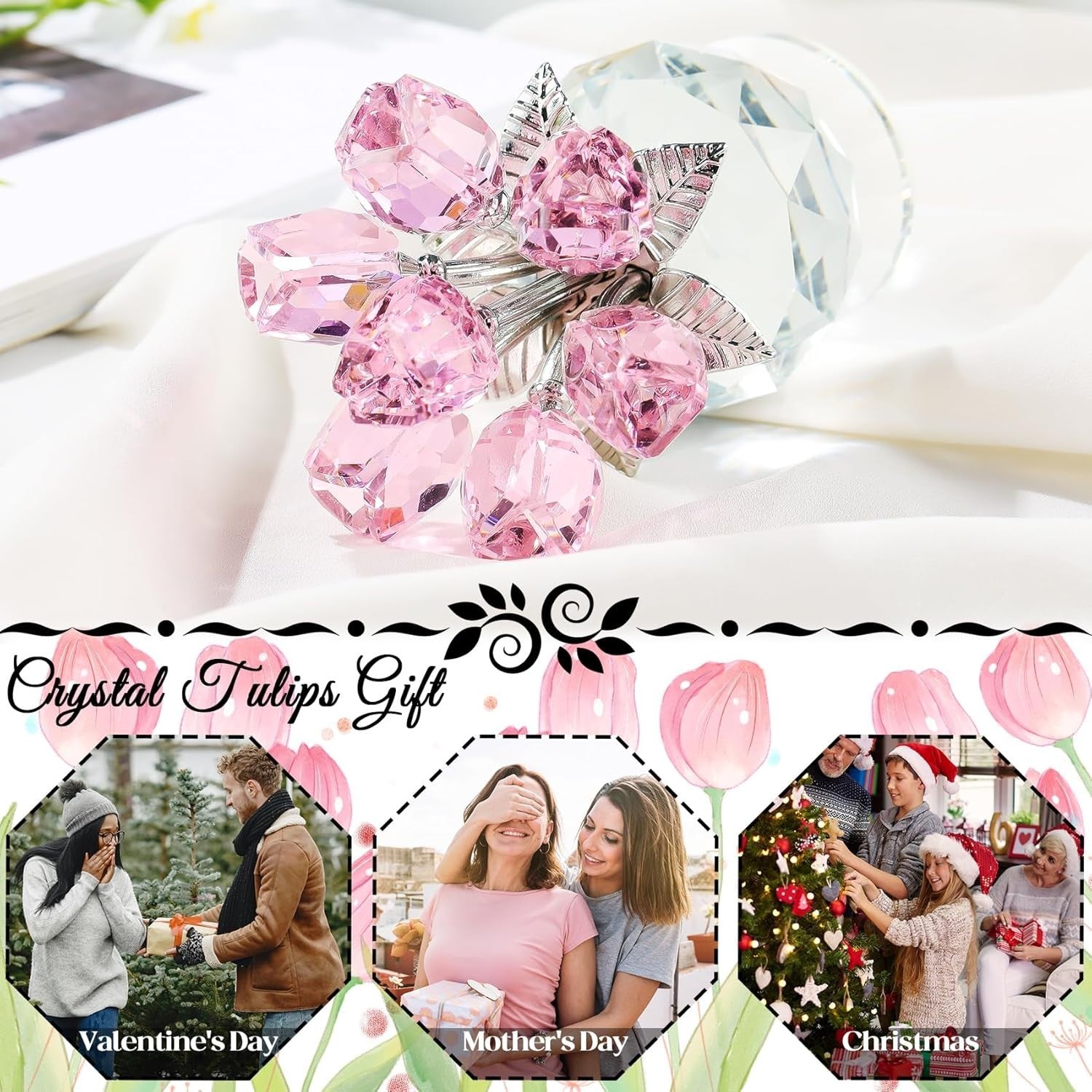Pink Crystal Tulip Flower Ornament – Luxury K9 Glass Bouquet Gift for Her Home