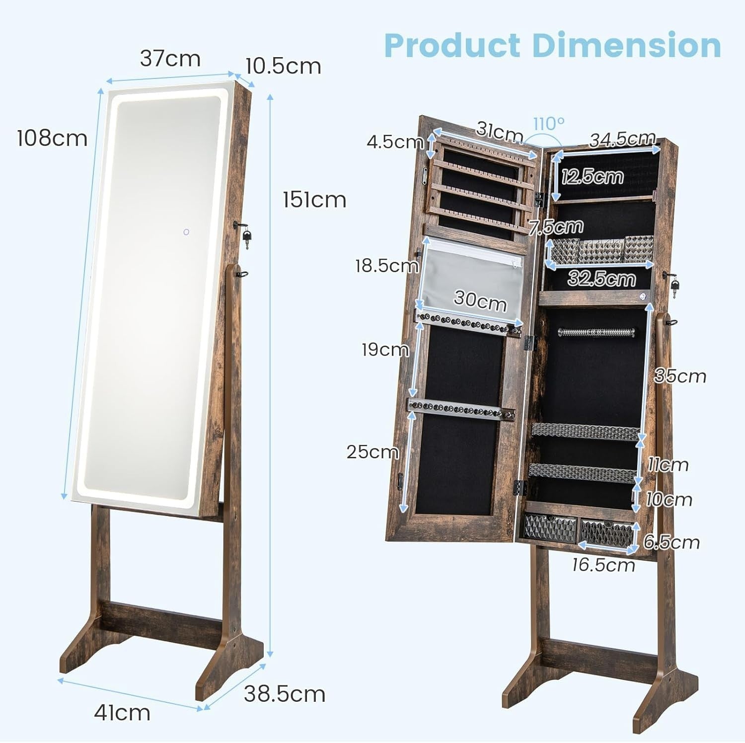Rustic Brown LED Jewelry Cabinet Mirror Lockable 3-Color Light Storage