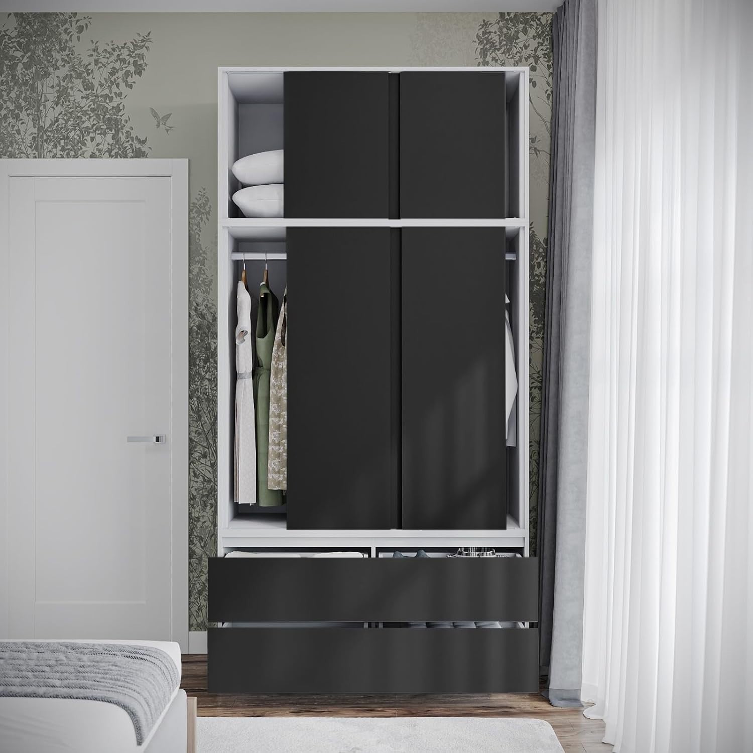 Black Door Sliding Wardrobe 240cm 6 Doors 4 Drawers Spacious Bedroom Closet