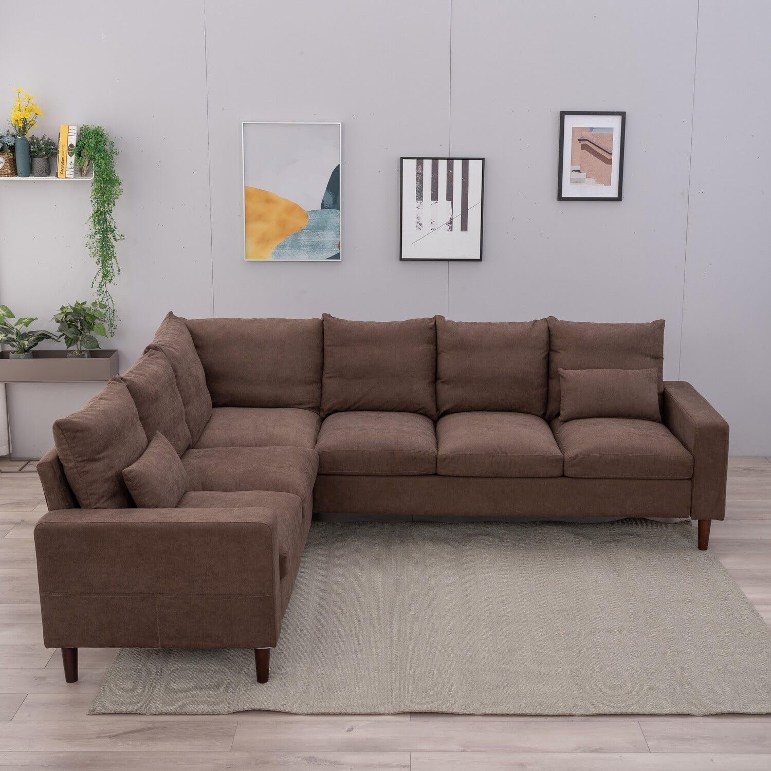 6 Seater L Shape Corner Sofa Brown Linen Modern Large 3+2 Lounge Couch