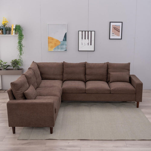 6 Seater L Shape Corner Sofa Brown Linen Modern Large 3+2 Lounge Couch