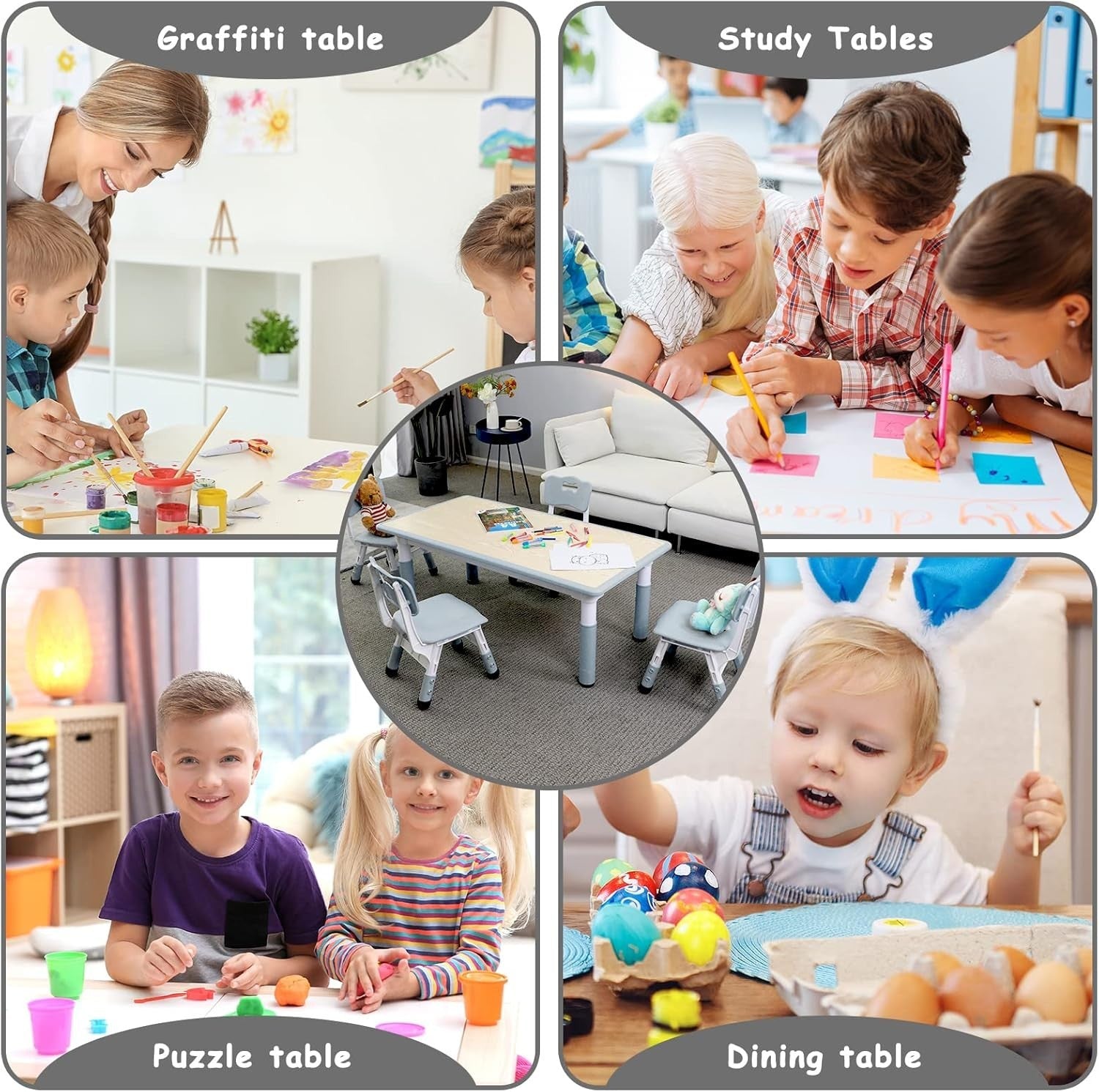 Height Adjustable Kids Table & 4 Chairs Set, Safe Plastic, 120x60cm Grey