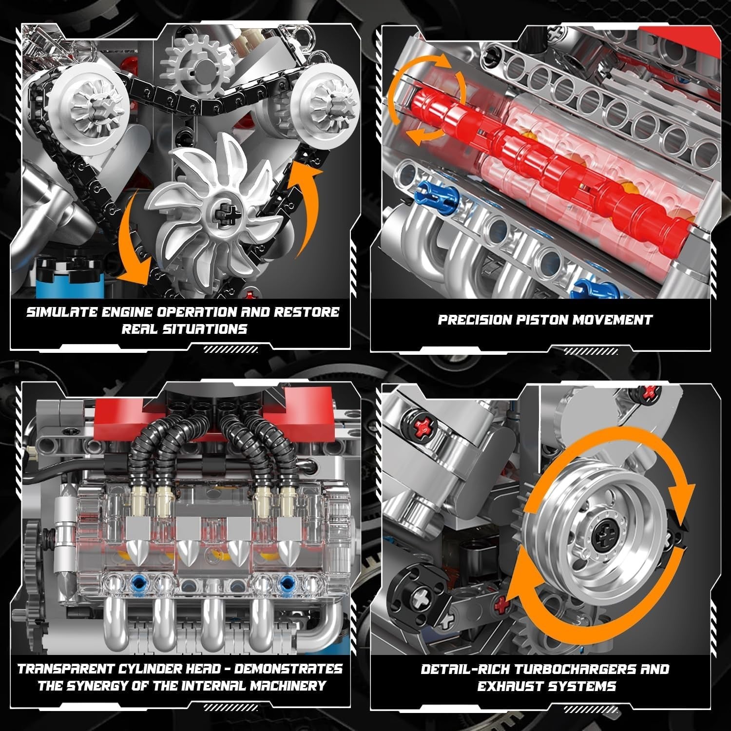 Realistic DIY V8 Engine Model Kit - 487pcs STEM Toy, Moving Parts, Kids & Adults