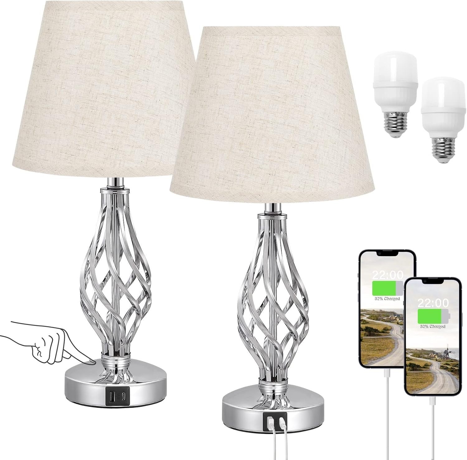 Touch Bedside Lamps Set of 2 USB Ports 3-Way Dimmable Beige Shades