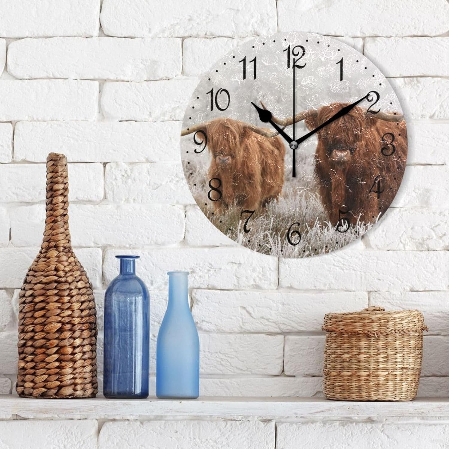 25cm Highland Cow Wall Clock – Silent Non-Ticking Rustic Farmhouse Decor