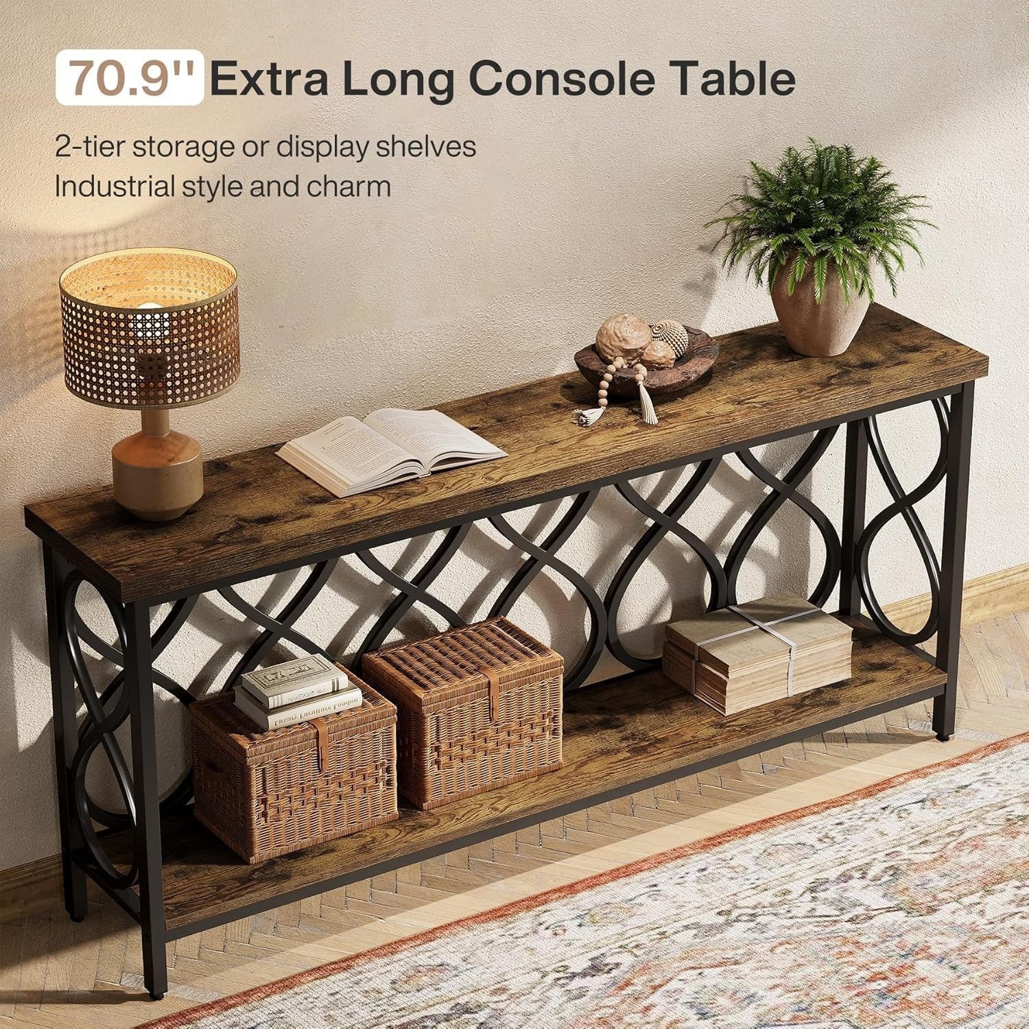 Industrial Console Table 90x90x40cm Rustic Brown 2-Tier Sofa Entryway