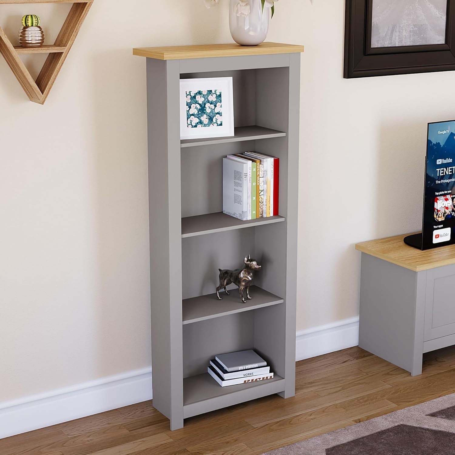4 Tier Grey Oak Ladder Bookcase – Modern Display Storage Shelf Unit 140cm
