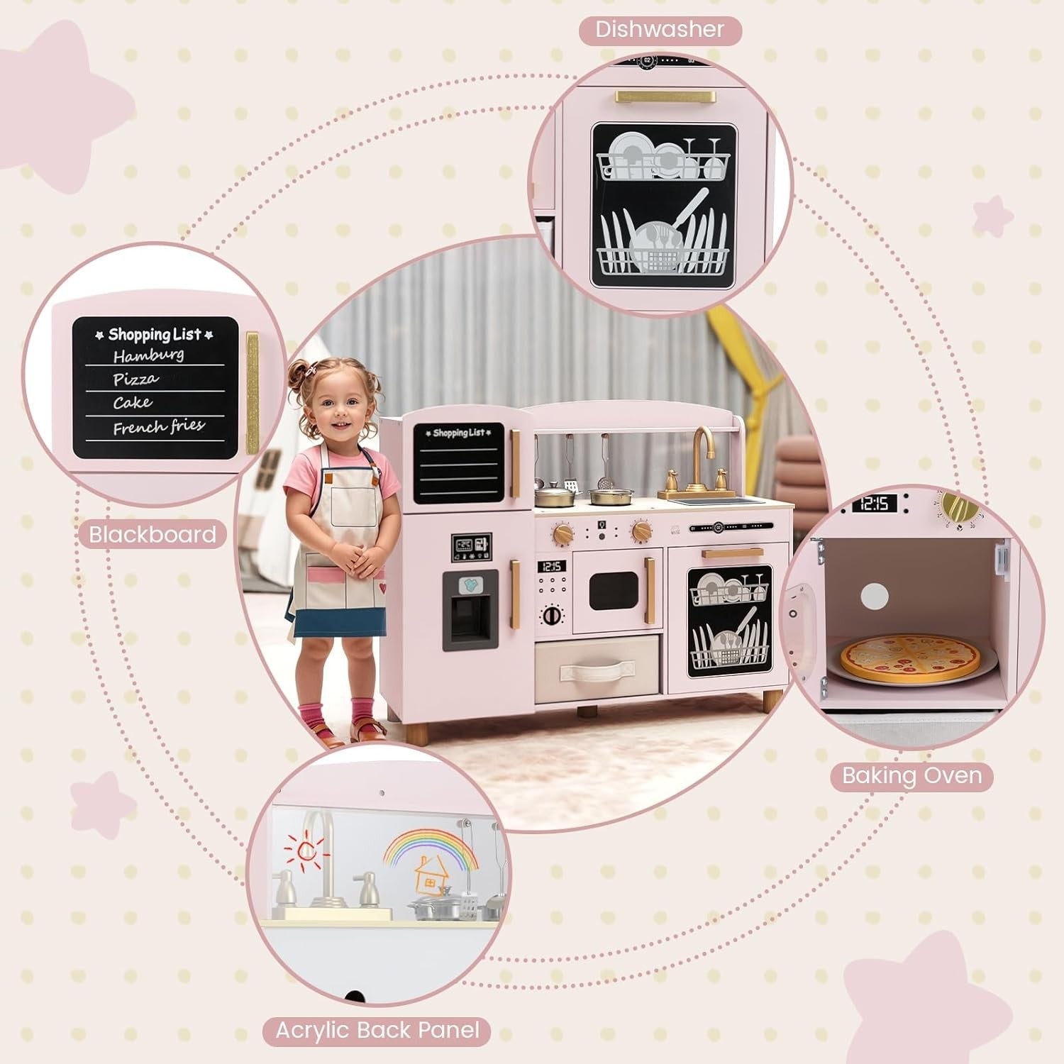 Wooden Kids Play Kitchen Pink w/ Ice Maker Sink Blackboard Toy Set