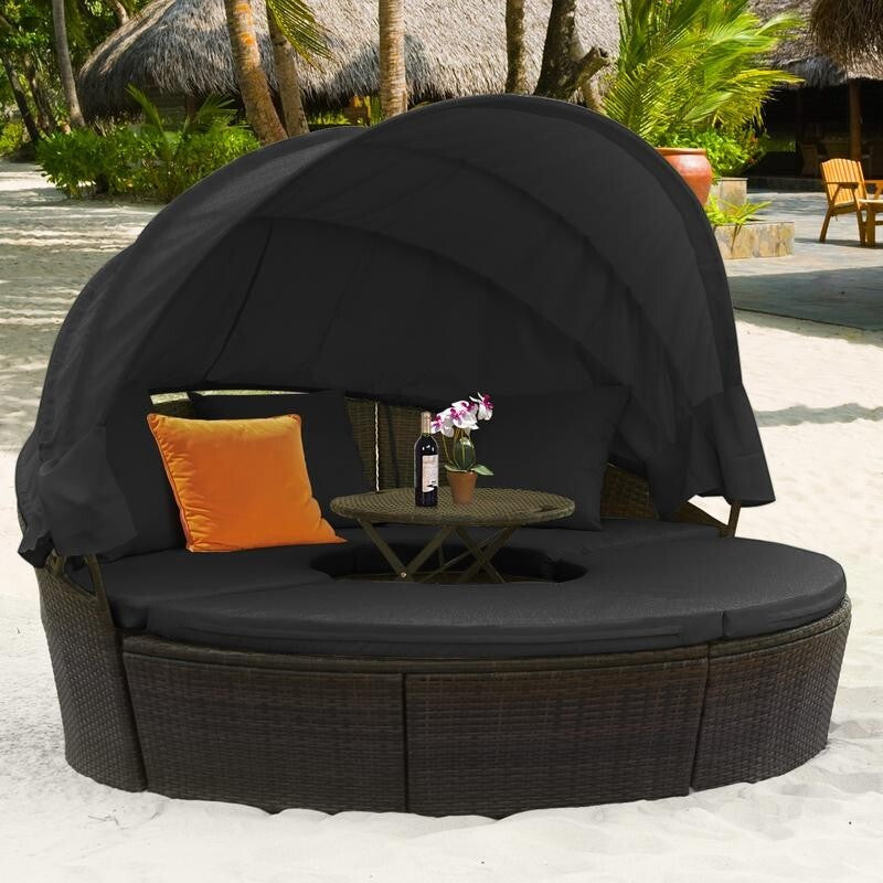 Round Rattan Outdoor Daybed with Retractable Canopy & Cushions Garden Set