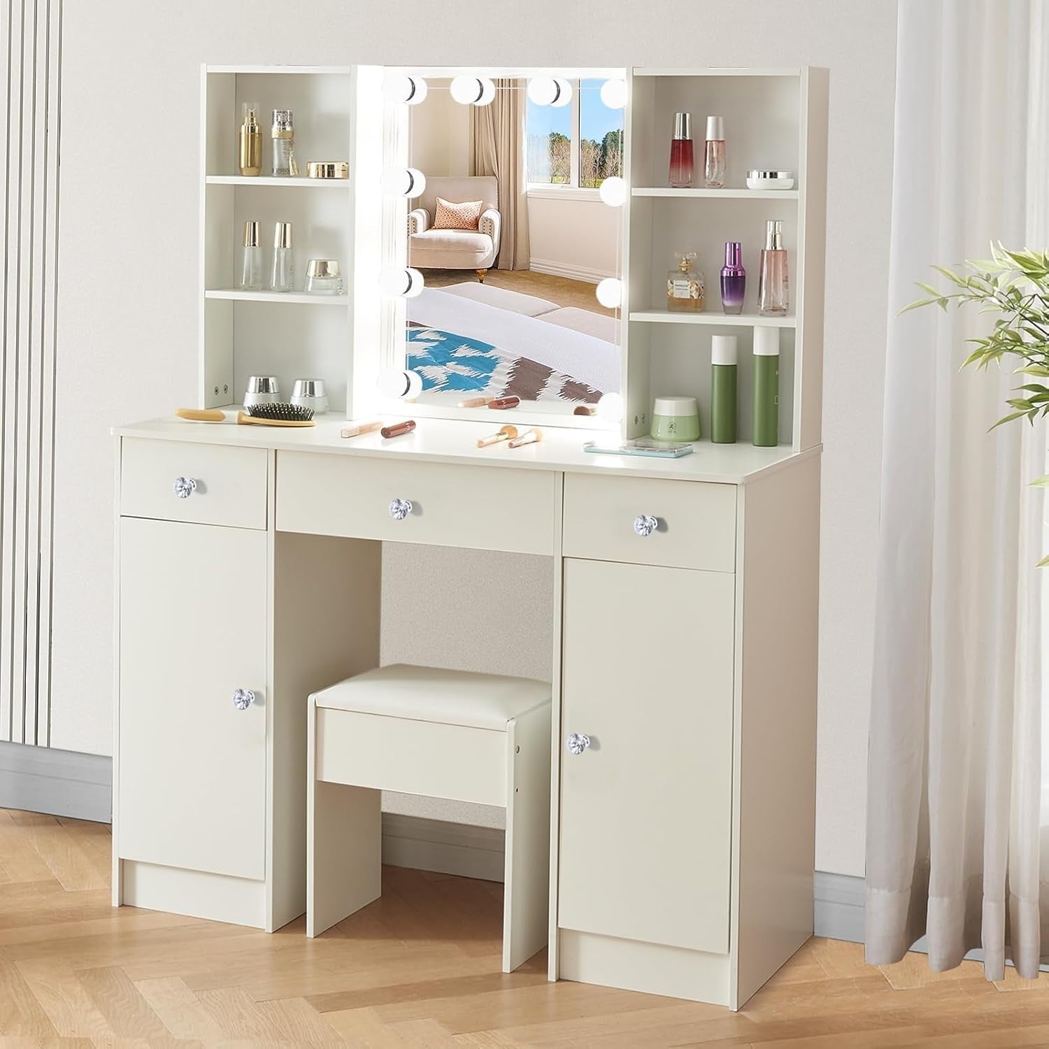 White Vanity Makeup Dressing Table LED Mirror 3 Drawers Crystal Handle Desk