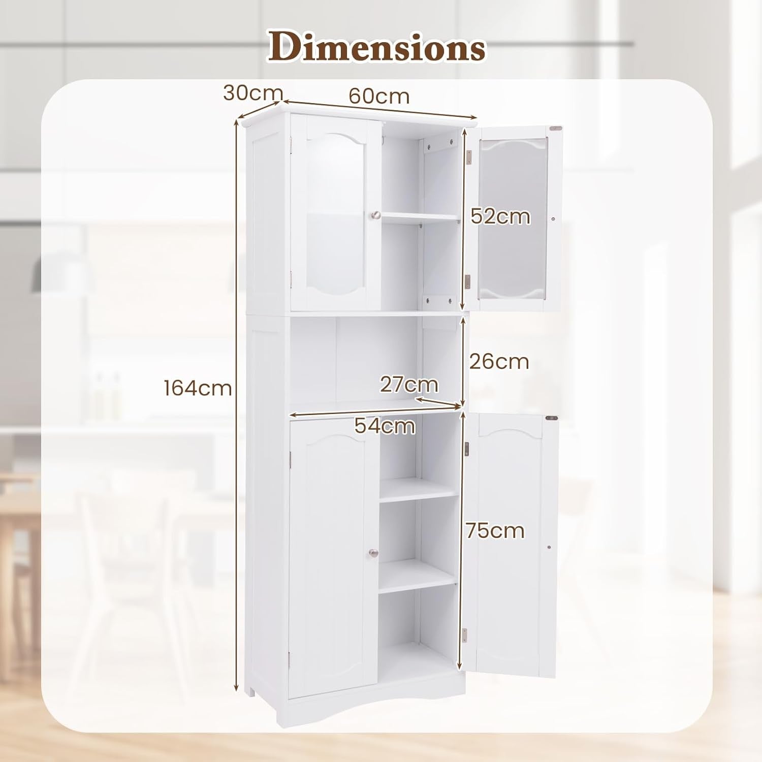 White Wooden Tall Bathroom Cabinet with Glass Doors Adjustable Shelves