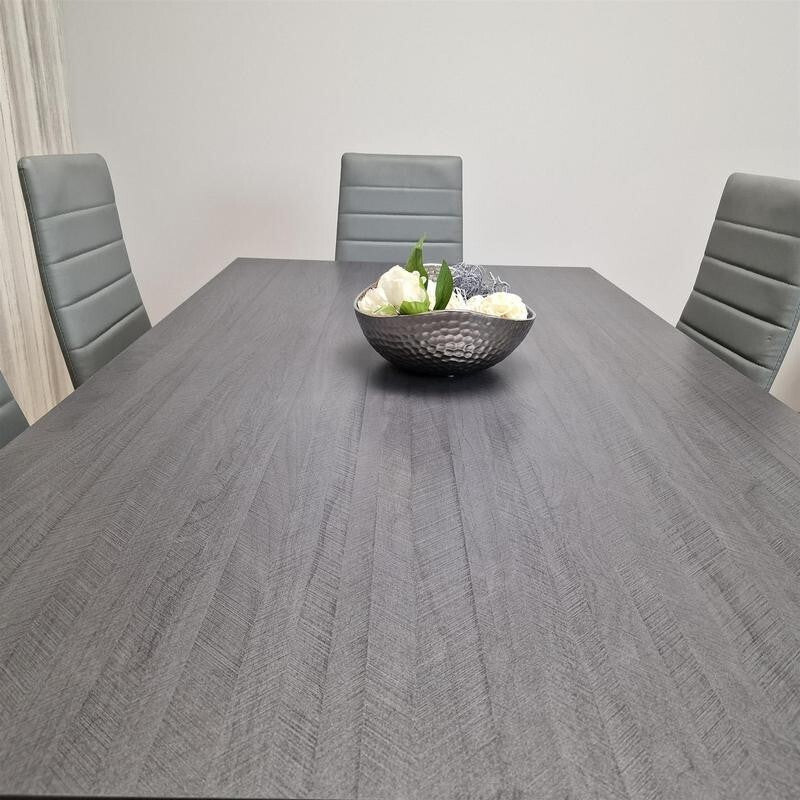 Dark Grey Dining Table Set with 6 Faux Leather Chairs Modern Kitchen