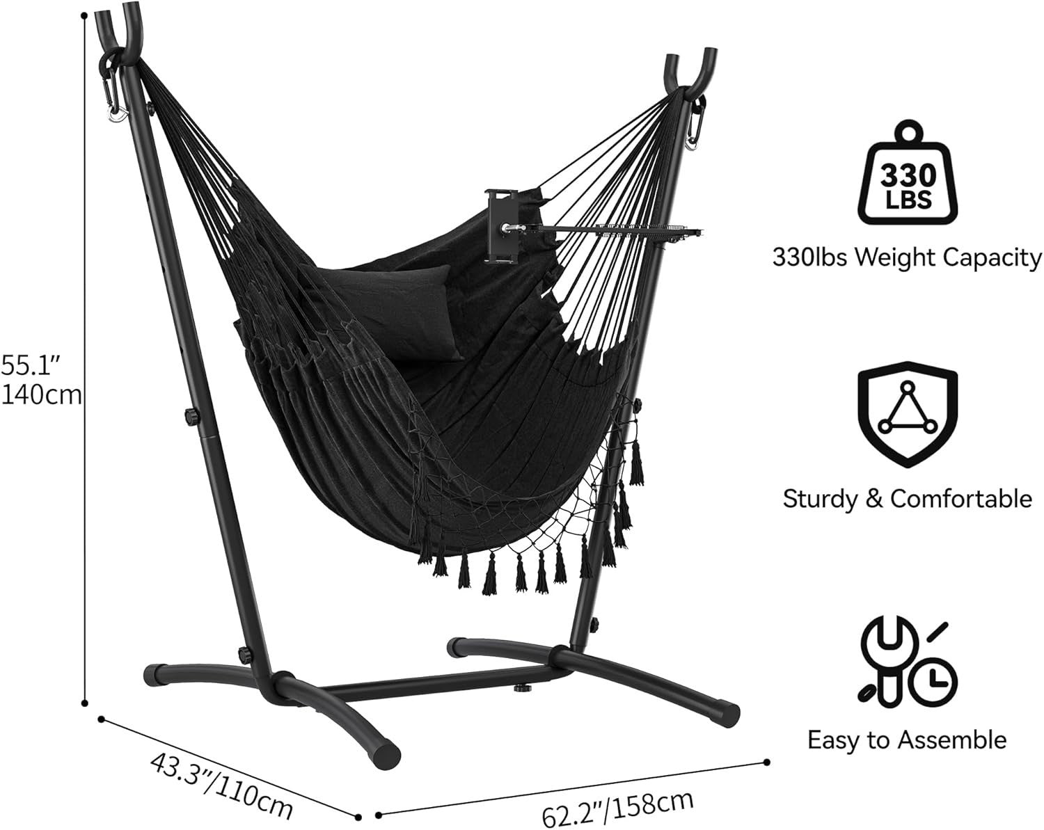 Heavy-Duty Outdoor Hammock Chair with Stand, Adjustable Phone Holder, 158x110x14