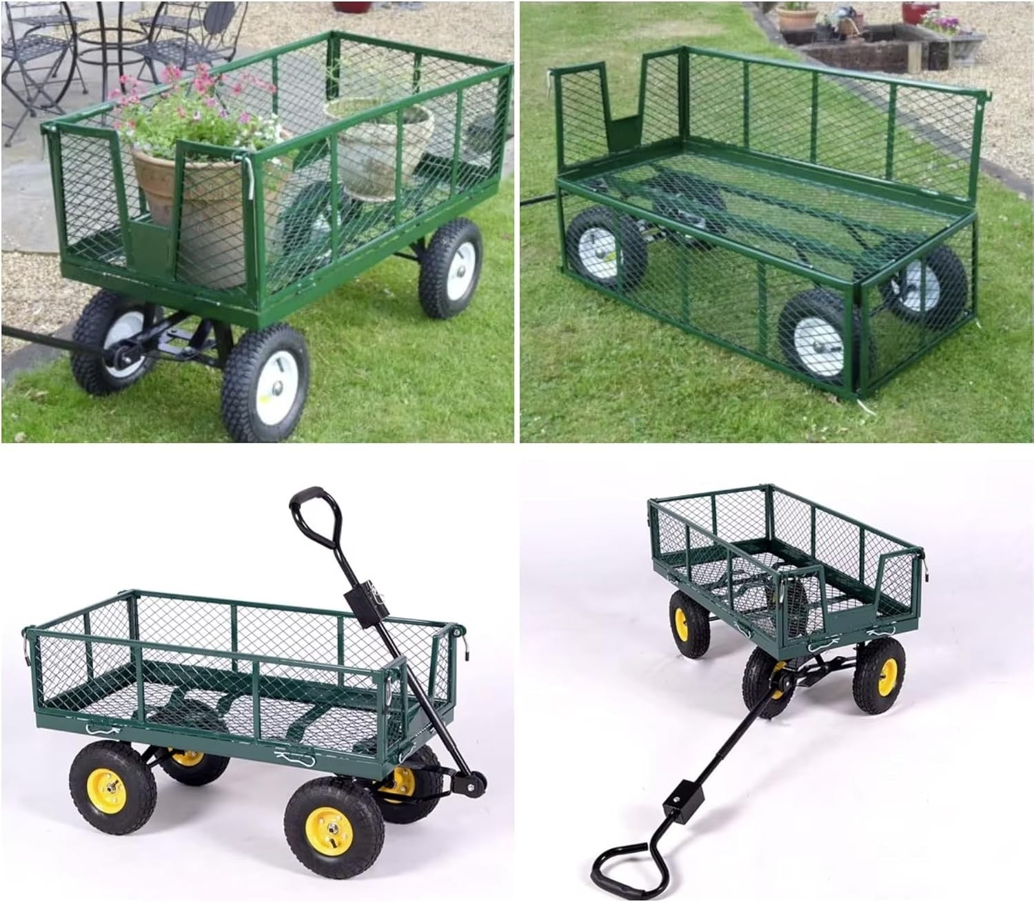 75L Lightweight Garden Dump Cart Wagon with 180° Handle & Pneumatic Wheels Green