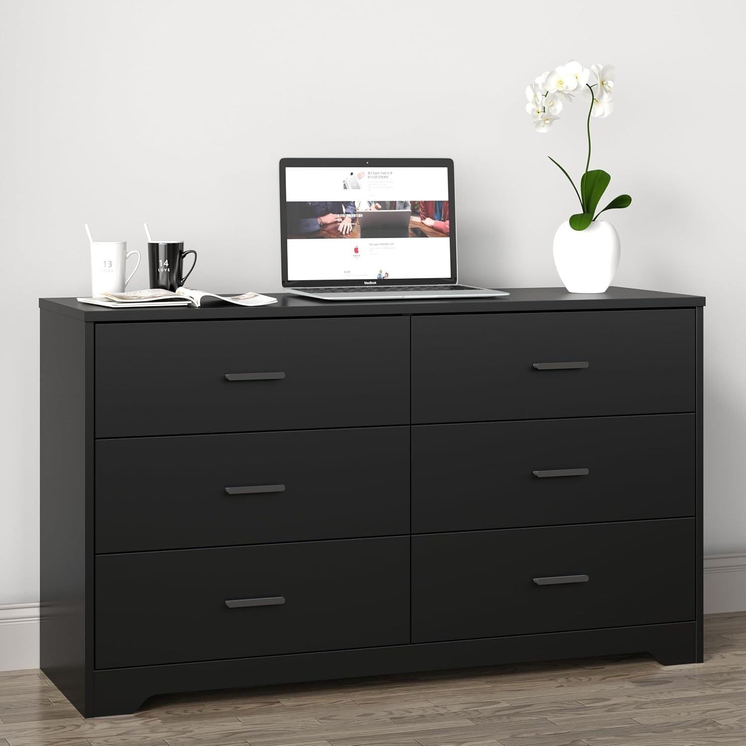 Black 6 Drawer Wooden Chest Storage Cabinet Bedroom Organizer Unit