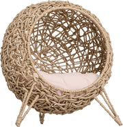 Ball Shape Wicker Cat House Raised Rattan Bed w Cushion Natural