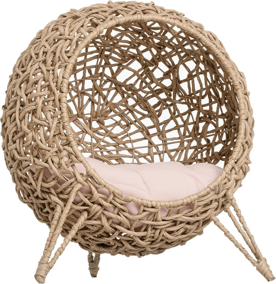 Ball Shape Wicker Cat House Raised Rattan Bed w Cushion Natural