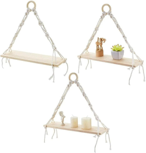 3pcs Boho Hanging Shelves Wood Floating Wall Decor 13.8x14.2in