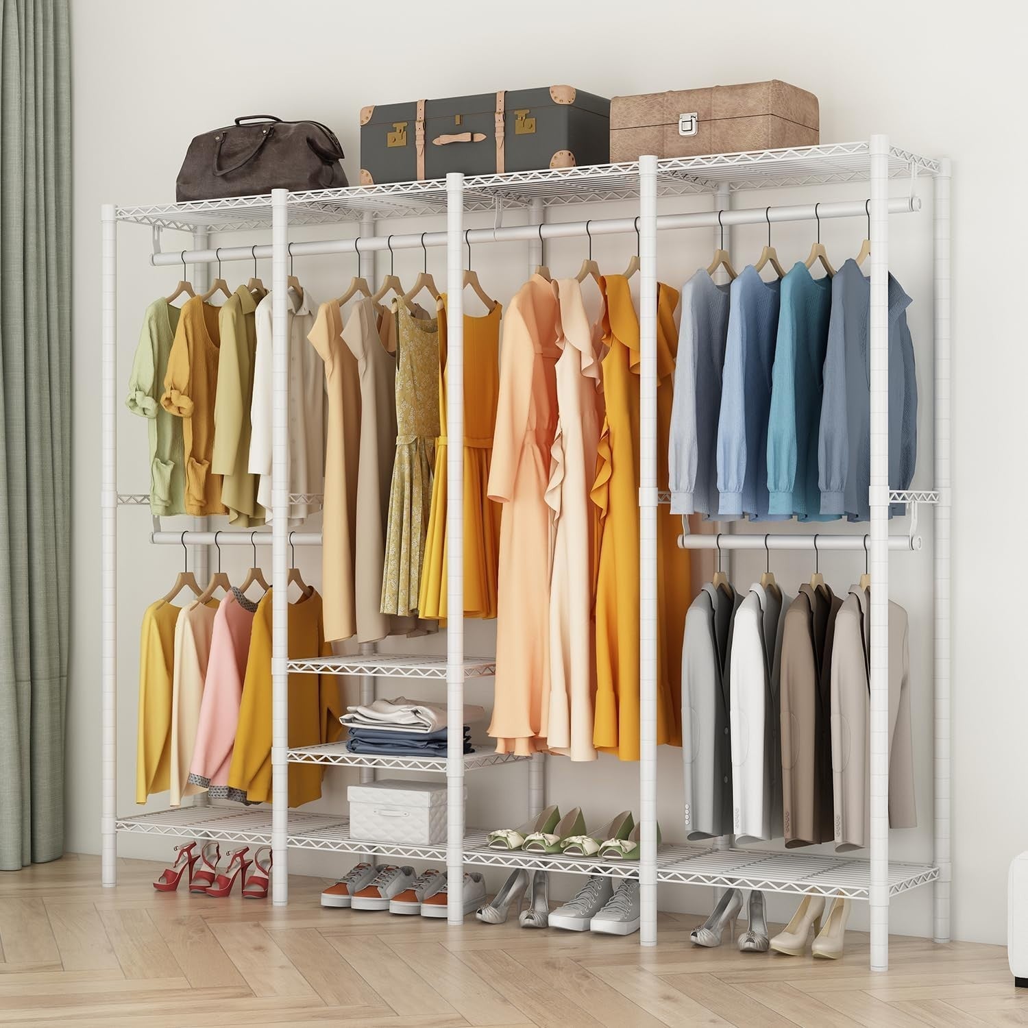 Heavy Duty Clothes Rail 4 Rod Adjustable Shelves Wardrobe White