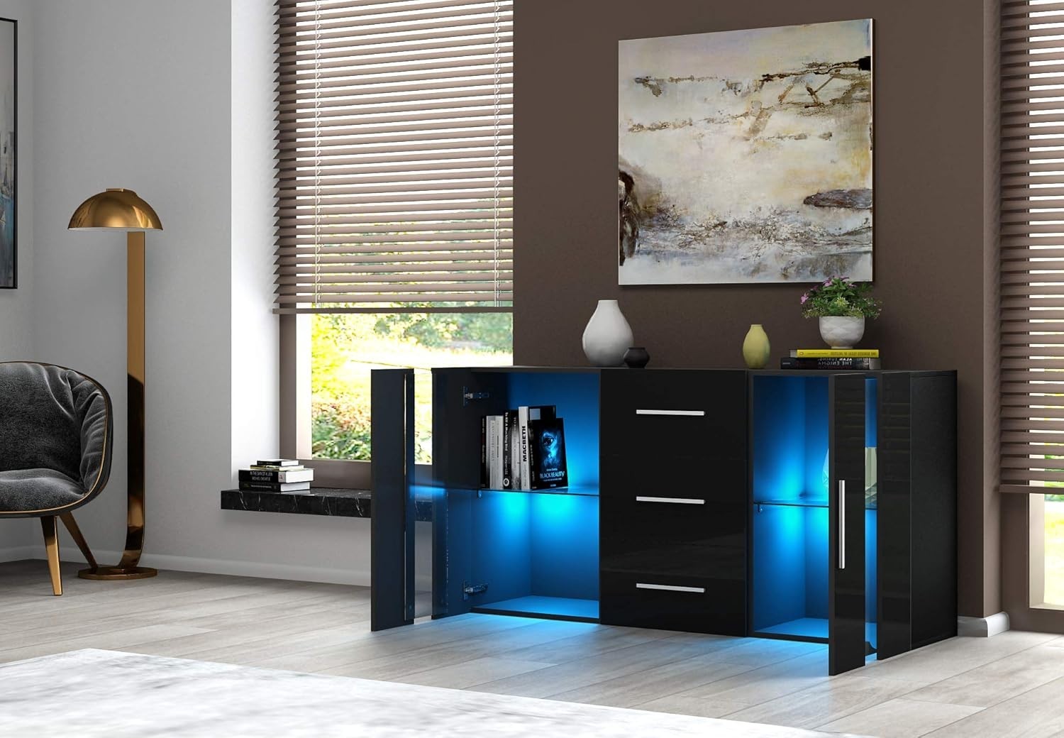 Modern Black RGB Sideboard Cabinet 2 Doors 3 Drawers LED Lighting Storage