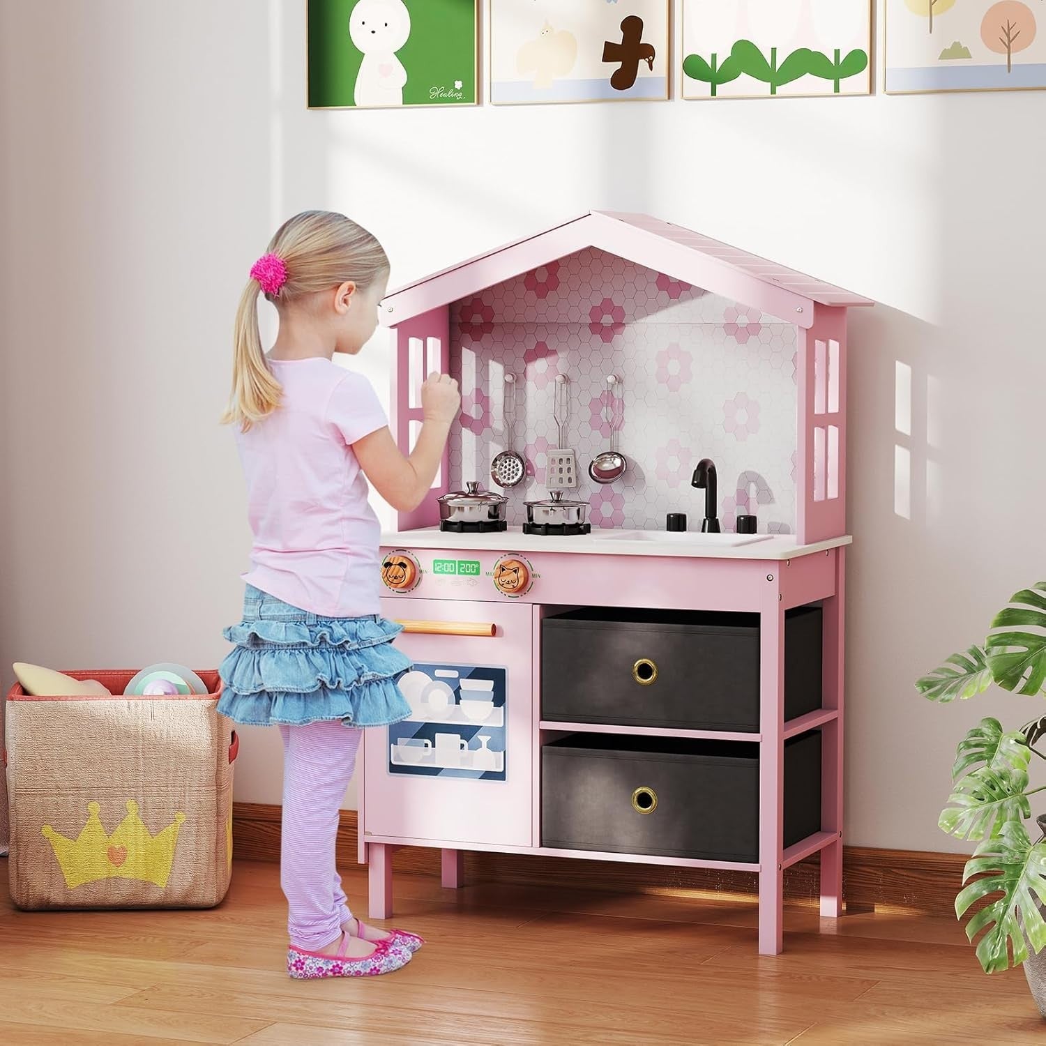 Wooden Kids Play Kitchen Pink w/ Dishwasher Sink Pots Role Play