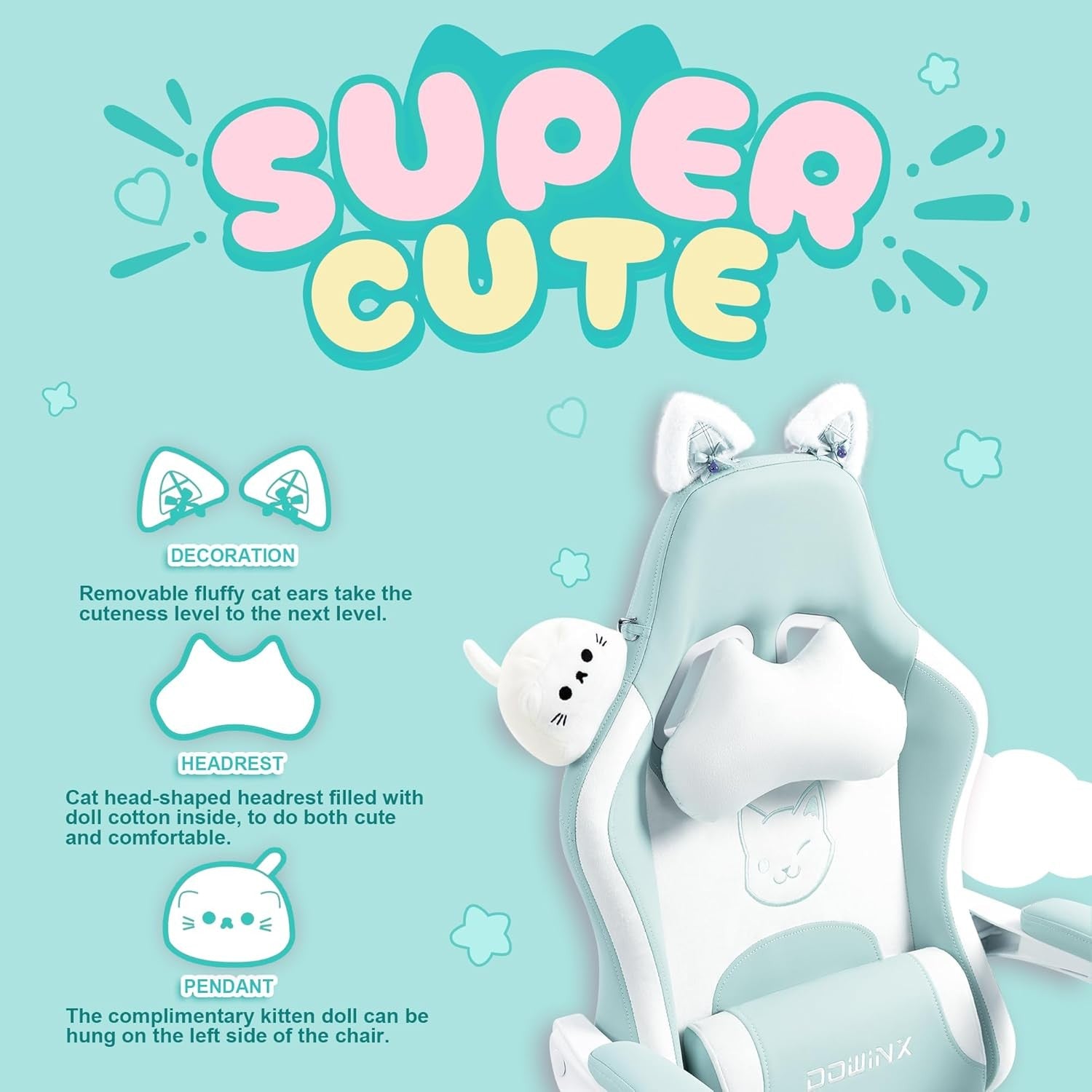Cute Cat Ear Gaming Chair Massage Lumbar Footrest 290lbs