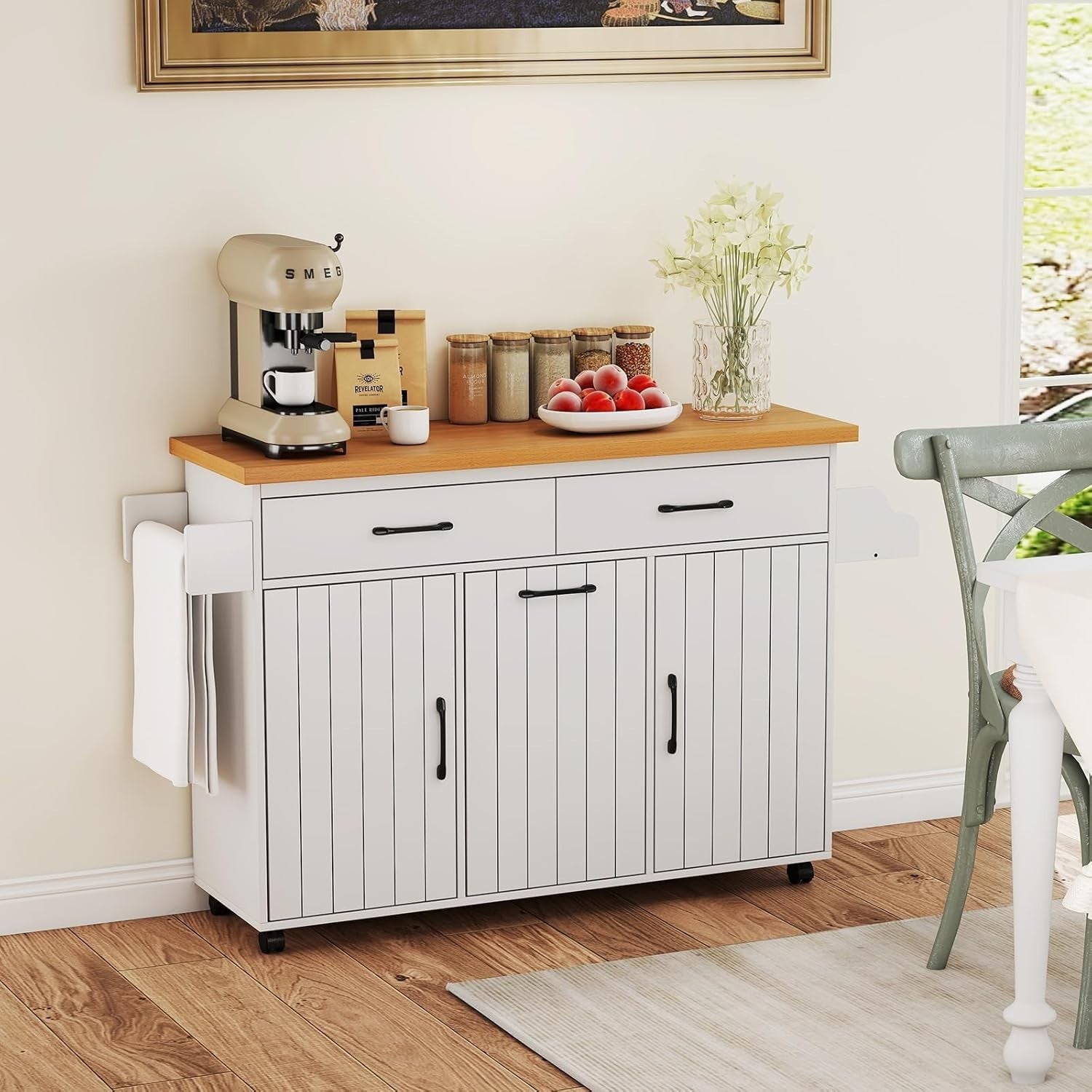 Mobile Kitchen Island Cart with Trash Storage, Adjustable Shelves.