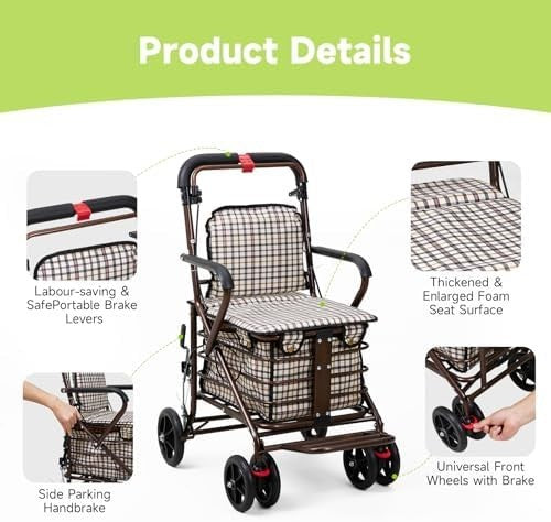Walk & Rest Shopping Trolley with Seat 27L Foldable 4 Wheel Brakes