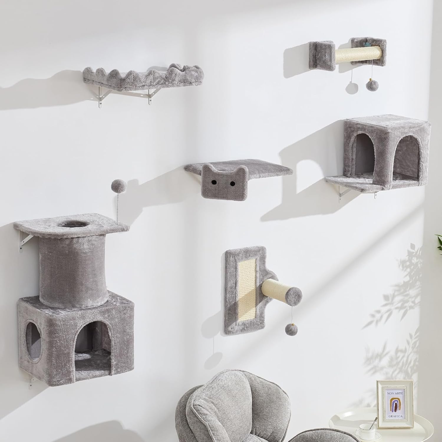 Cat Wall Shelves Set with Tunnel Climbing Frame Scratching Posts 6PCS