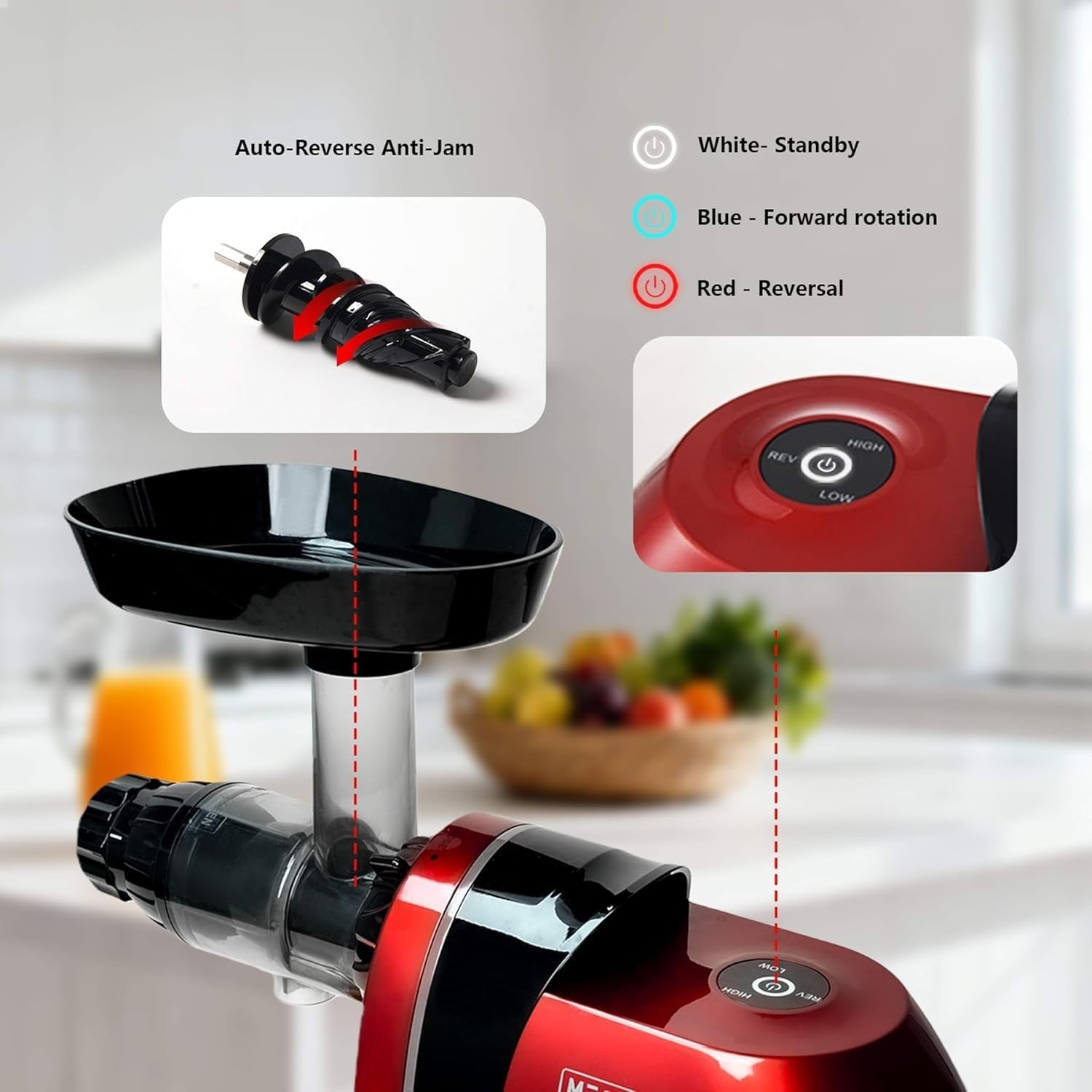 Cold Press Juicer BPA Free Slow Masticating 200W High Yield Red Quiet Touch