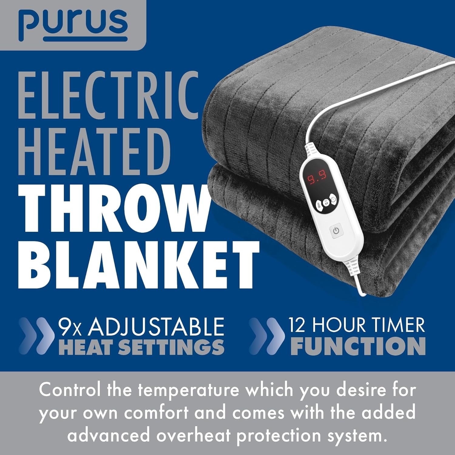 Electric Heated Throw Blanket XL 9 Heat Settings Timer Washable Grey